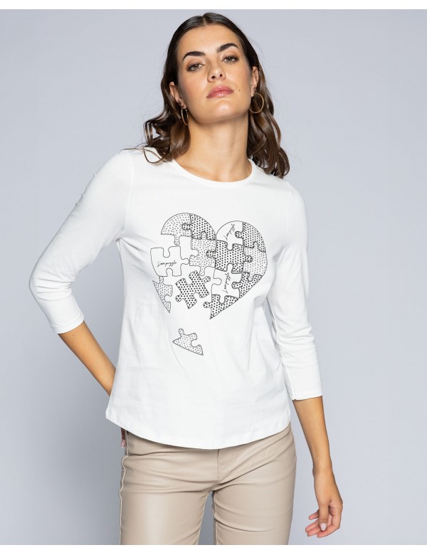 Camiseta algodón puzzle corazón strass