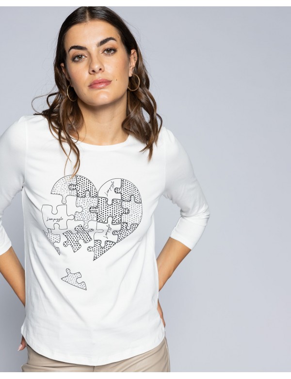 Camiseta algodón puzzle corazón strass